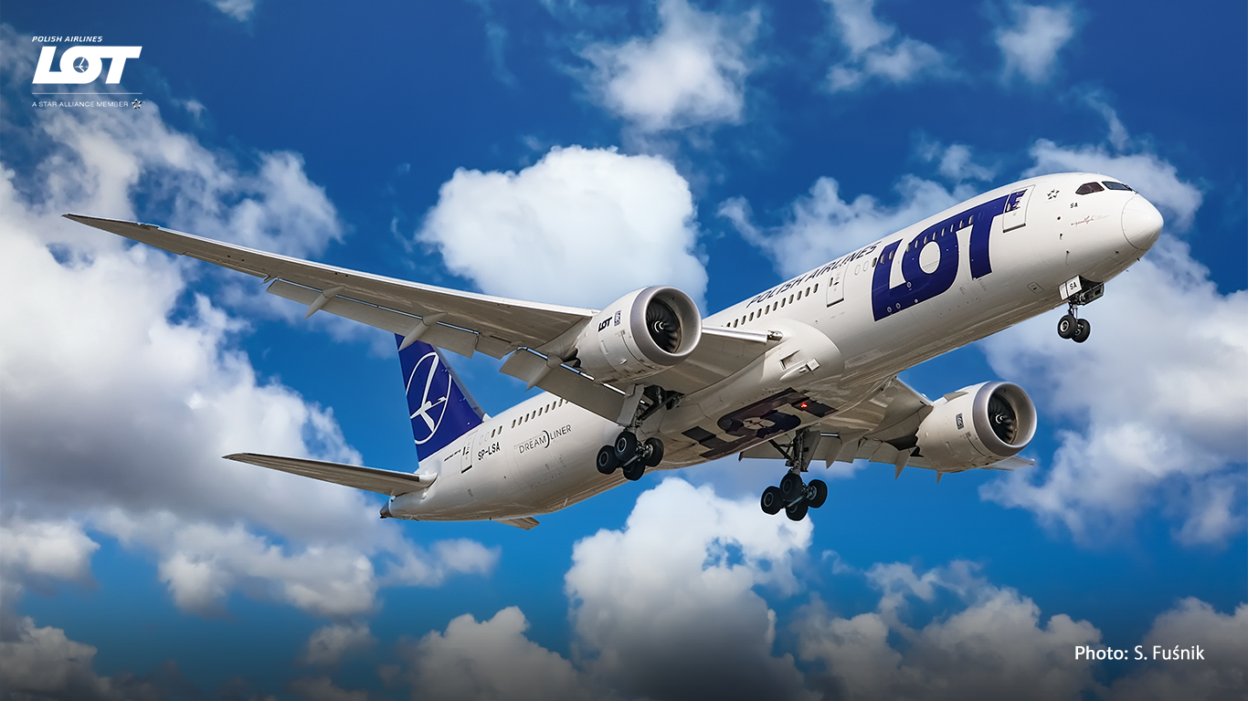 Passenger airplane against a sky with clouds.